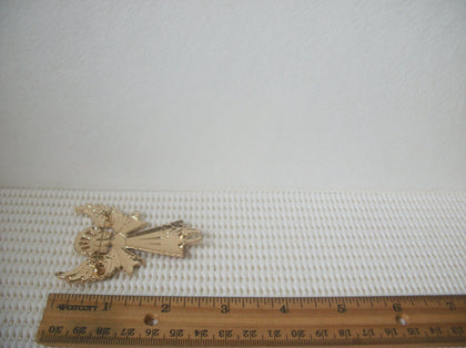 Larger Vintage Brooch Pin, Victorian Inspired Angel Wings Festive Holiday Season Enameled, Gold Tone 10617