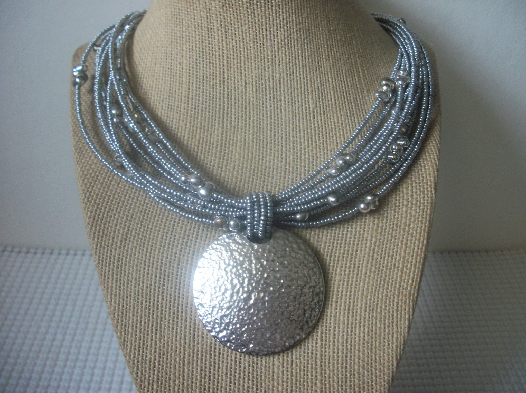 Vintage 19" - 22" Necklace Stunning JOAN RIVERS Multi Strand Seed Bead Hammered Rich Silver Tone Amulet Pendant Necklace Adjustable 121516