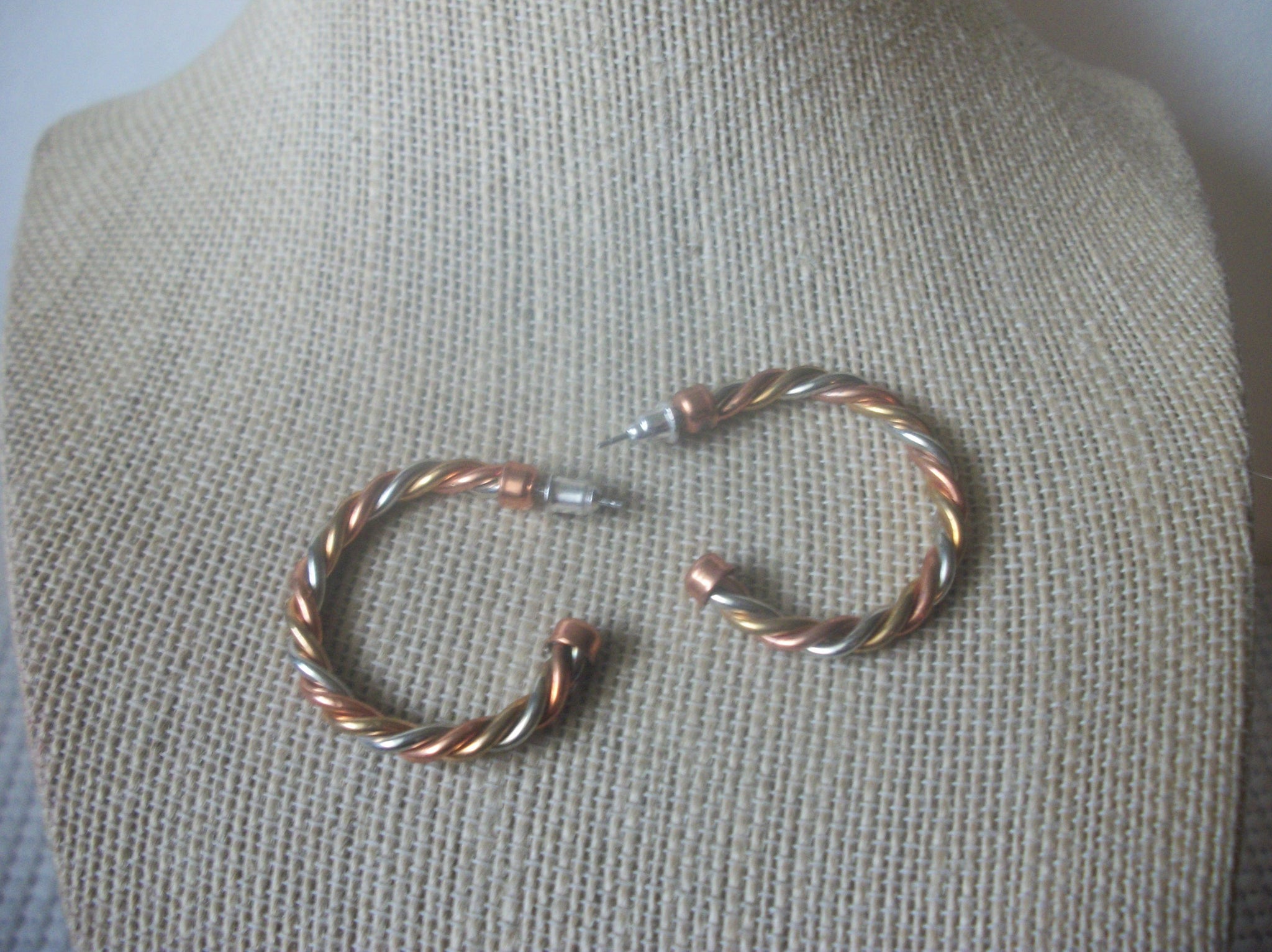 Retro Copper Gold Silver Toned Twisted Hoop 1 1/4" Earrings 8216
