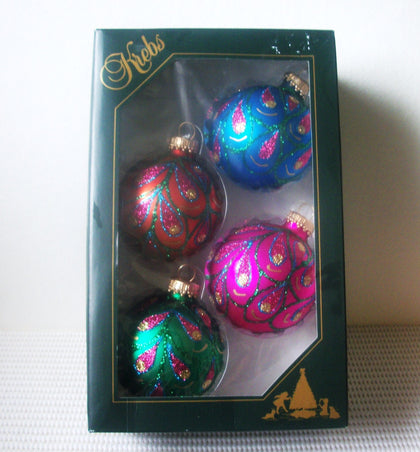 Vintage Christmas by Krebs Colorful Glass Ornaments with Gold Glitter Design - Set of 4 - Original Box C300