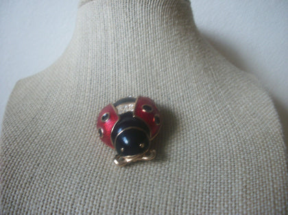 Vintage Brooch Pin, Ladybug, Red Black, Clear Rhinestones, Enameled, Gold Tone, 72517