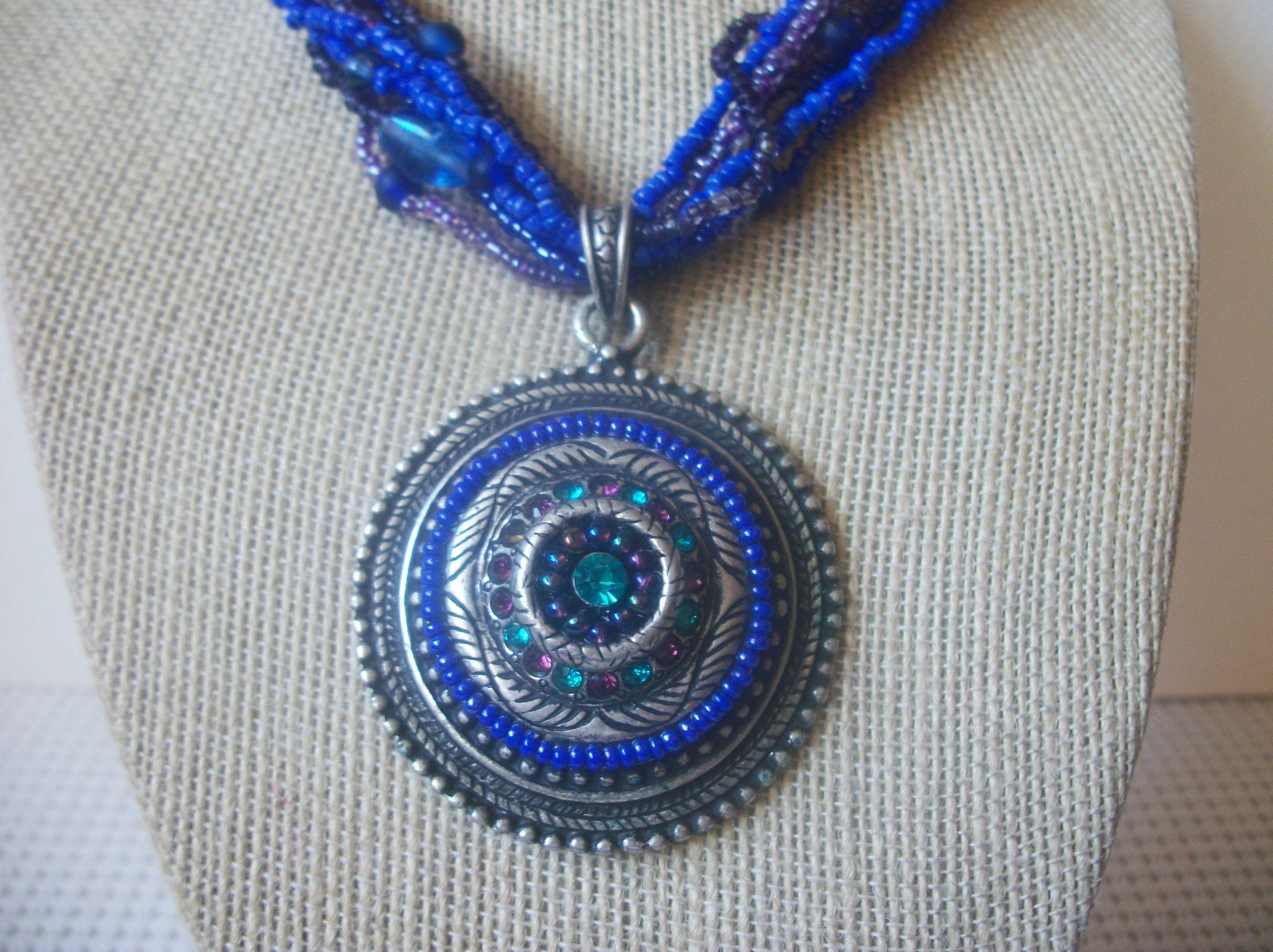 Vintage Jewelry, Signed CHICO`s, Colorful Cobalt Blue, Lilac, Southwestern Pendant Rhinestones, Silver Tone, Necklace 53018