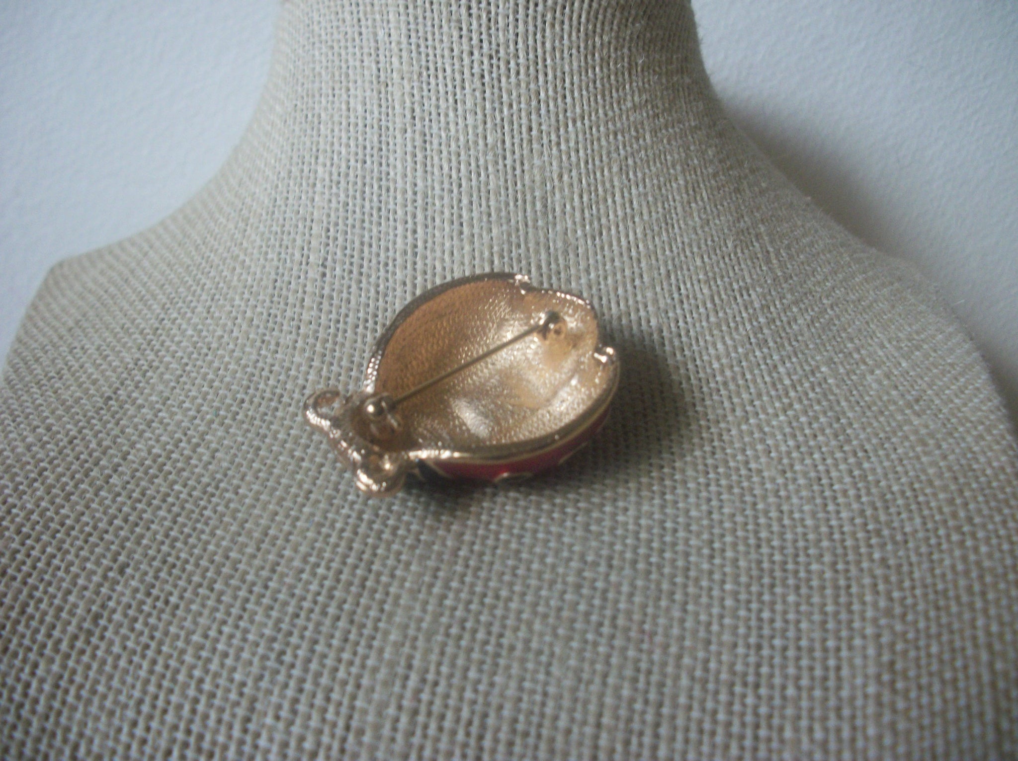 Vintage Brooch Pin, Ladybug, Red Black, Clear Rhinestones, Enameled, Gold Tone, 72517