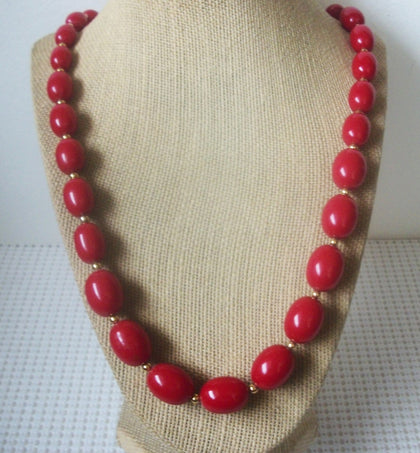 Vintage 30" Signed MONET Red Beaded Gold Tone Spacers Necklace 0304218'
