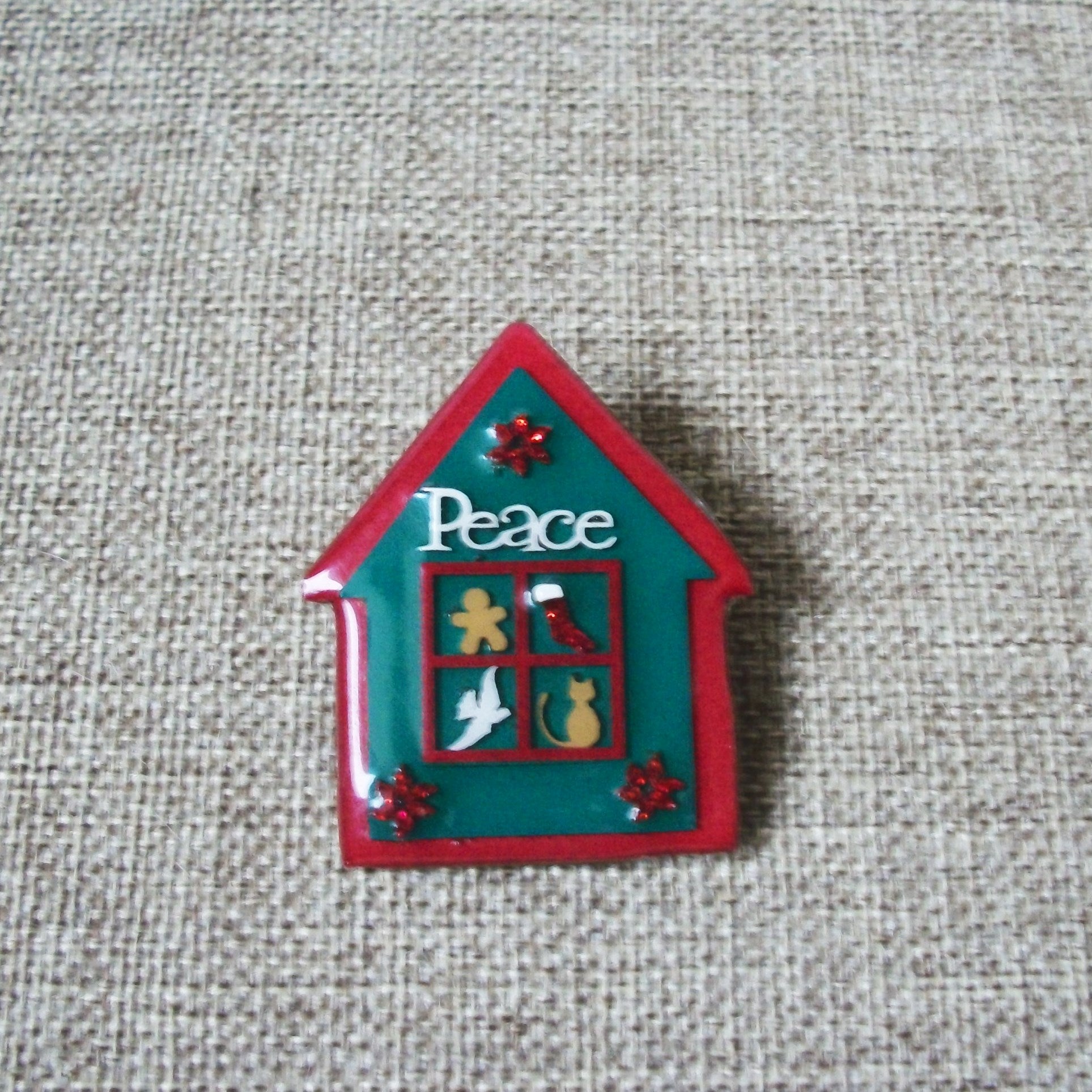 Vintage Lucinda Pin Christmas Peace House Gingerbread Stocking Dove Cat