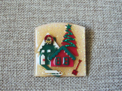 Vintage Lucinda House Pins Festive Snow On The Roof Glitter Shovel Sled Wreath