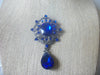 Vintage Brooch Pin, Silver Toned Cobalt Blue Dangling Glass Rhinestones, 023021