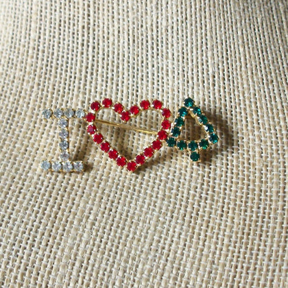 Vintage Brooch Pin I Love Christmas Colorful Rhinestones, Gold Tone 031221