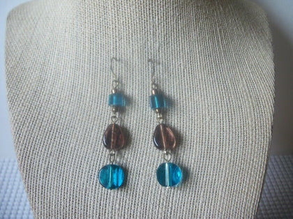 Vintage Translucent German Bulls Eye Blue Plum Brown 2 1/2" Long Earrings 8216