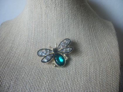 Vintage Brooch Pin Exquisite Honey  Bee Sparkling Clear Rhinestones, Green Glass Gold Tone, 023021