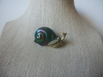 Vintage Jewelry, Iridescent Snail With House, Clear Rhinestones, Enameled, Antiqued Gold Tone, 51018