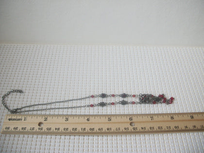Beautiful Vintage 16" - 19" Necklace Red Roses Victorian Glass Rhinestones, Silver Tone 72517