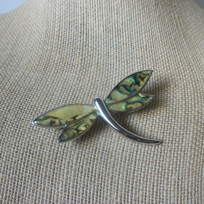 Signed LIA SOPHIA Vintage Brooch Pin, Glittery Dragonfly Paua Abalone Shell Wings Silver Tone, 122220