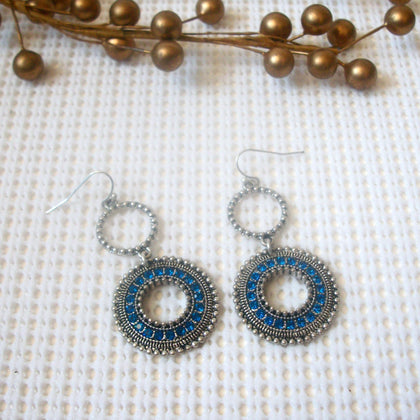 Retro Pierced Earring Silver Toned Blue Czech Glass 2 1/2" Long 61717