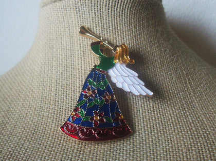 Vintage Jewelry Beautiful Graceful Angel, Playing Trumpet, Colorful Enameled, Gold Tone Brooch Pin 022621