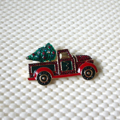 Vintage Brooch Pin, Christmas Wagon Truck With Tree Colorful Crystals Enameled Gold Tone, 031121