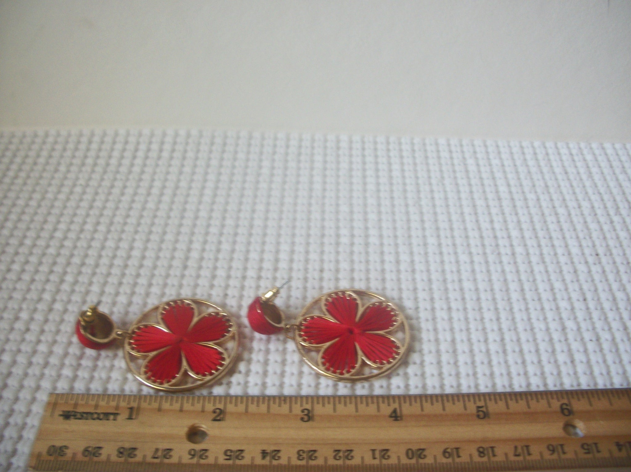 Vintage Post Earrings Gold Toned Red Silk Wrapped Flower 2" Long 8716