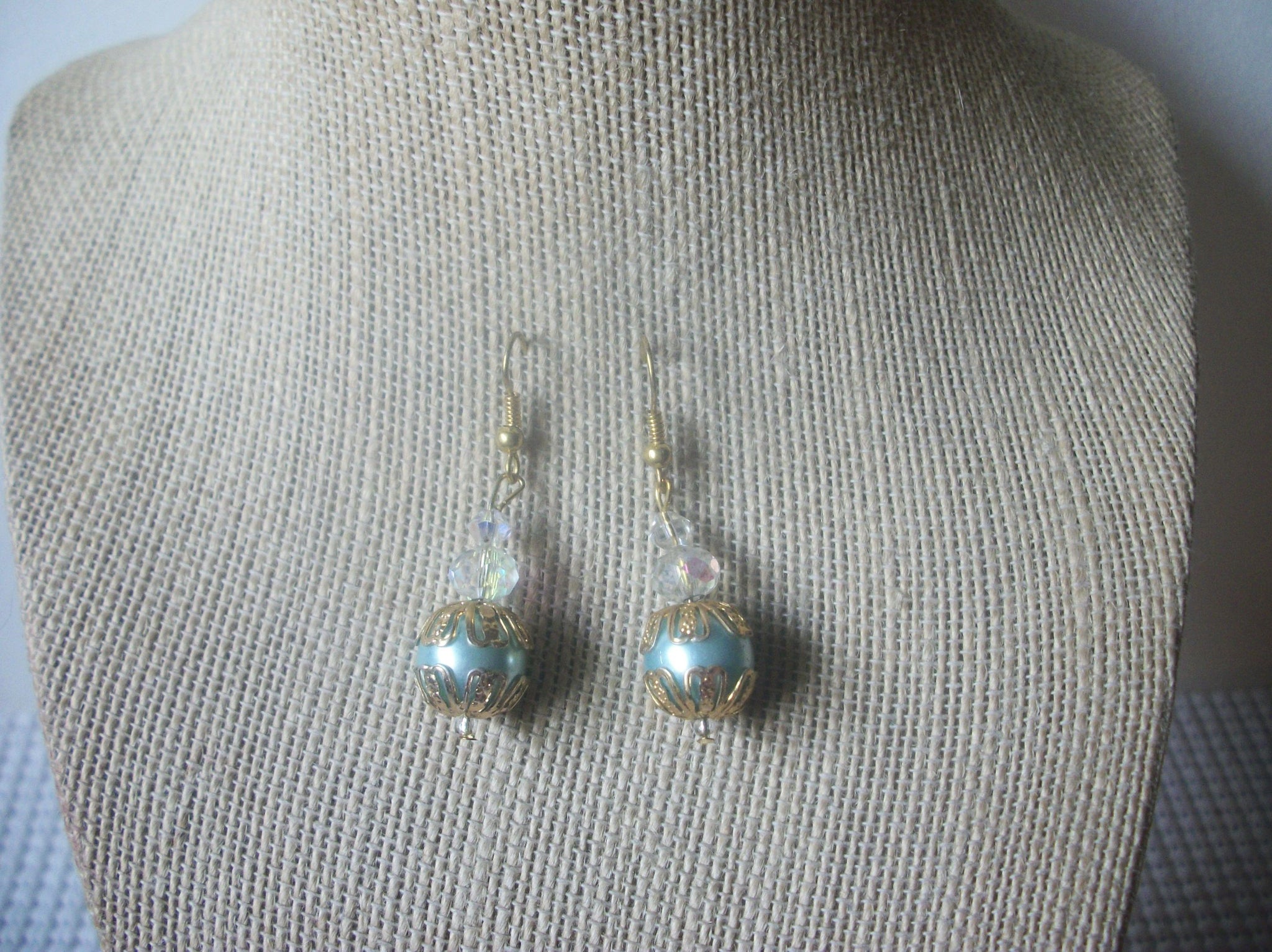 Vintage Gold Toned Glass Pearl AB Crystal 1 5/8" Earrings 8216