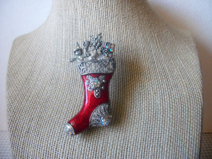 Larger Vintage Jewelry, Christmas Victorian Stocking, Presents Red Enameled Aurora Borelias Crystals, Silver Tone, Brooch Pin 53018