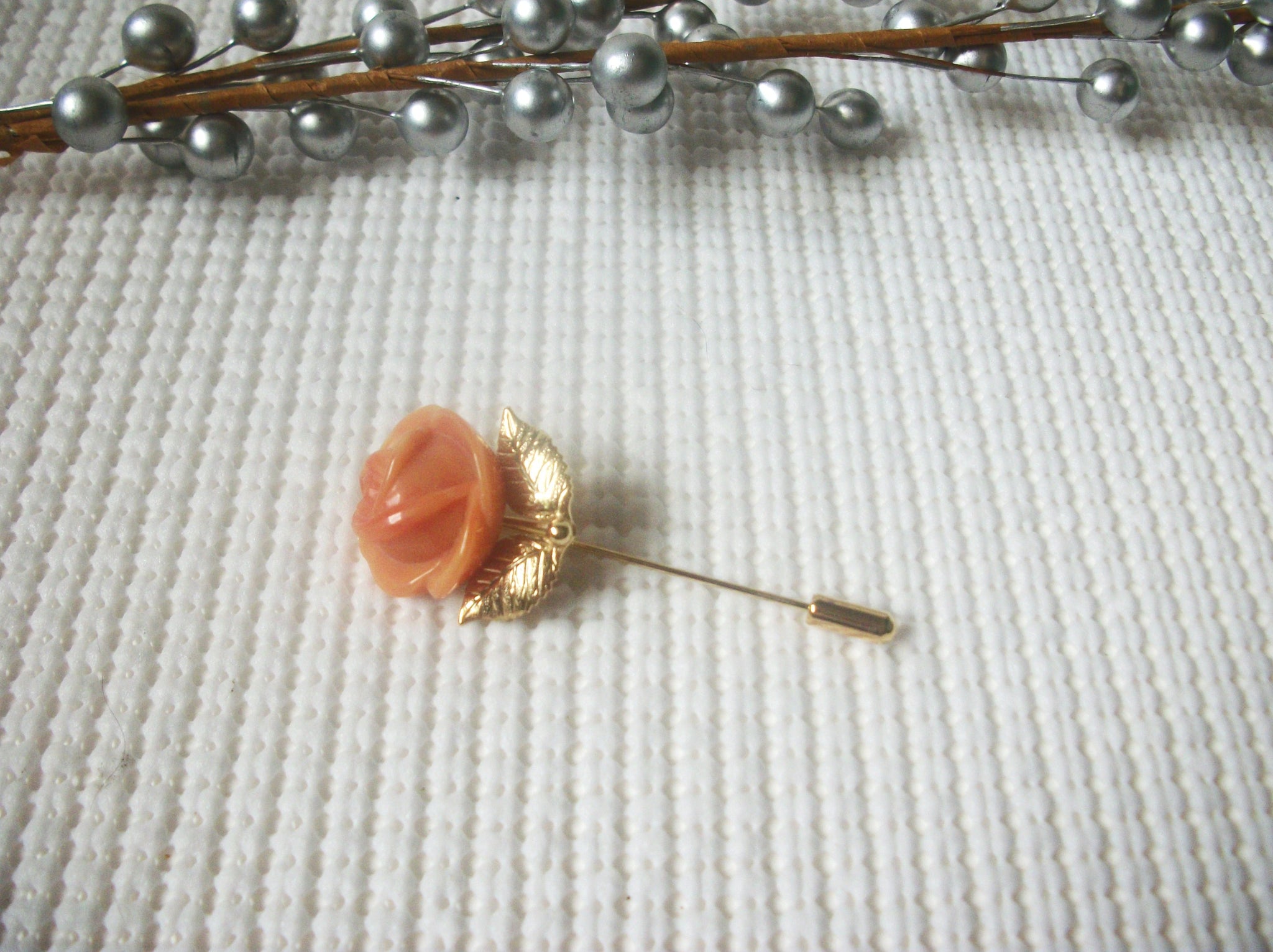 Vintage Hat Stick Pin, Rose Flower Gold Tone, 121516