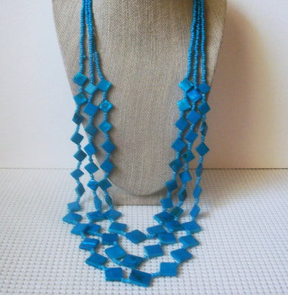 Vintage Necklace, 32" - 35" Long, Three Strands, Micro Glass Seed, Vivid Blue Dyed, Shell Squares, Hand Cut, 72517