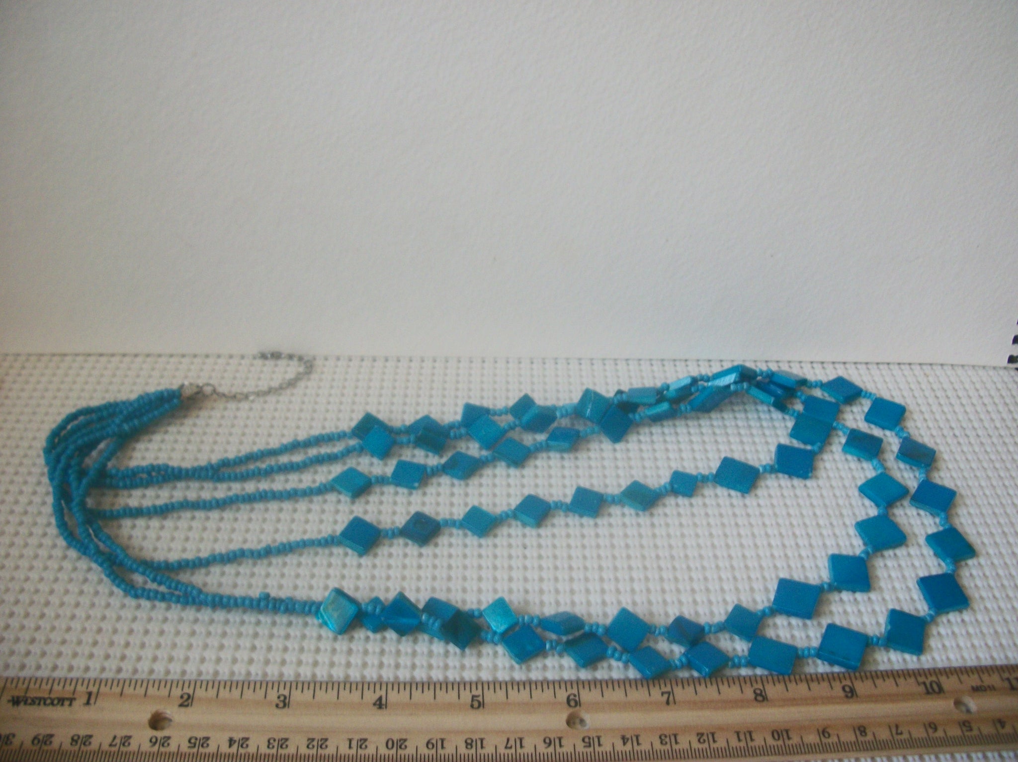Vintage Necklace, 32" - 35" Long, Three Strands, Micro Glass Seed, Vivid Blue Dyed, Shell Squares, Hand Cut, 72517