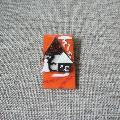 RARE Lucinda House Pins Scary Ghost Bat Flying Haunted House Orange Glitter 021321
