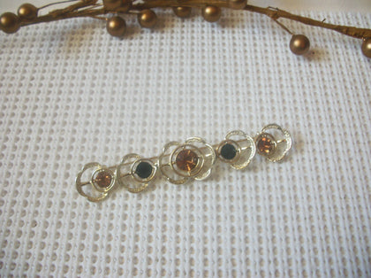 Vintage Brooch Pin Signed MONET Gold Tone Topaz Black Rhinestones, 52017