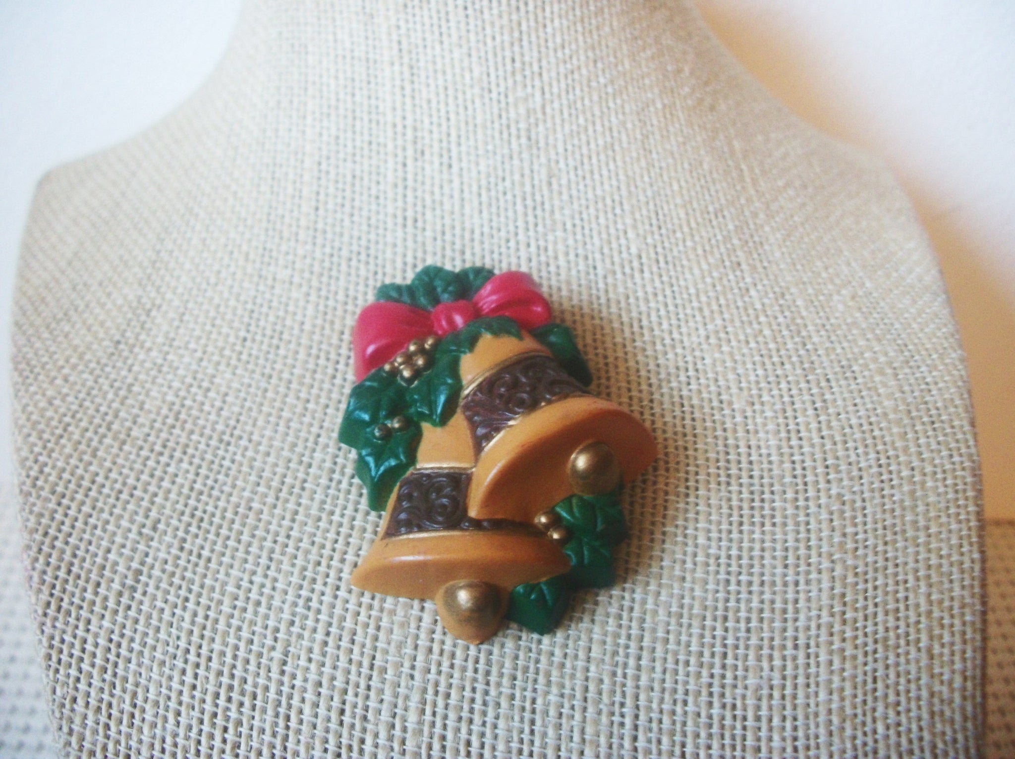 Vintage Christmas Festive Bells, Old Plastic Brooch Pin 022421