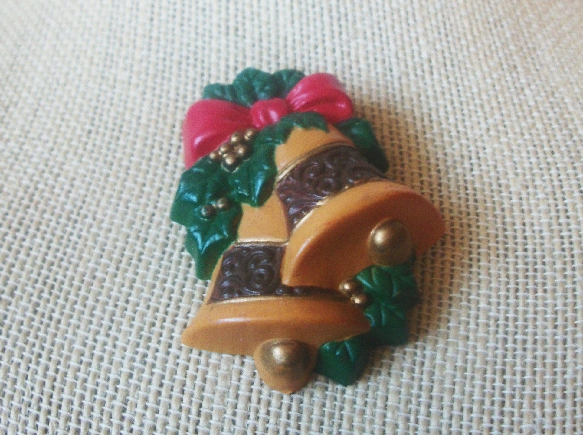 Vintage Christmas Festive Bells, Old Plastic Brooch Pin 022421