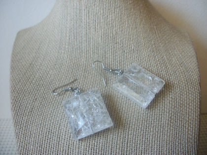 Vintage Earrings, Crackle Clear, Acrylic, Silver Tone, Pierced, 022021