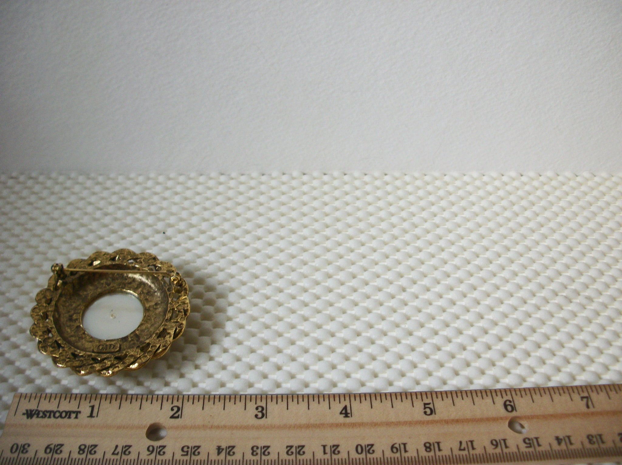 Larger Vintage Brooch Pin, Signed GJD Ginnie Johansen Faux Pearl Antiqued Gold Tone, 030621
