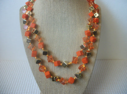 Vintage 48" Necklace Orange Lucite Gold Tone Cube Beads 030221