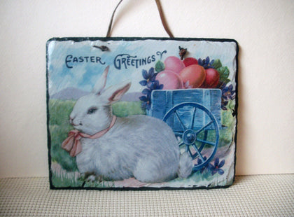 Hand Painted outdoor indoor, Flagstone, Happy Easter Bunny wall Door sign C100