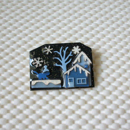 Vintage Brooch Pin Lucinda House Pins, Christmas Festive Tree  Snowflakes Little Cat Glitter 61318