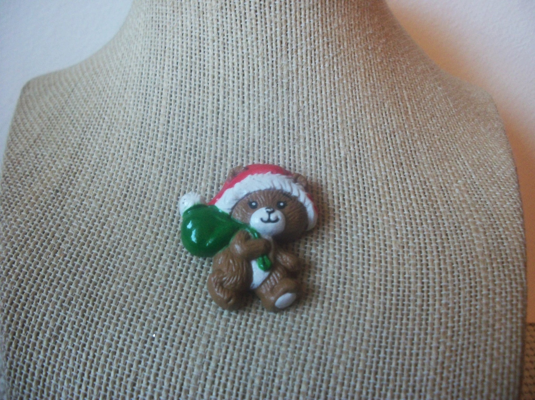 Signed RUSS Old Plastic Christmas Teddy, Vintage Brooch Pin  022121
