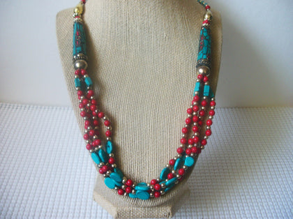 Vintage 21" - 24" Necklace Colorful Southwestern Mosaic Stone Beads Gold Tone Acrylic 81317