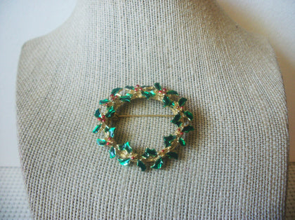 Vintage Brooch Pin, Festive Christmas, Wreath Enameled, Gold Tone 72517