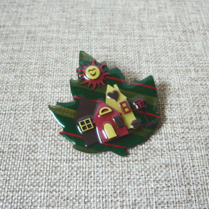 Lucinda House Pins, Autumn Fall Leaf Maple Tree House Happy Sun Green Striped 021321