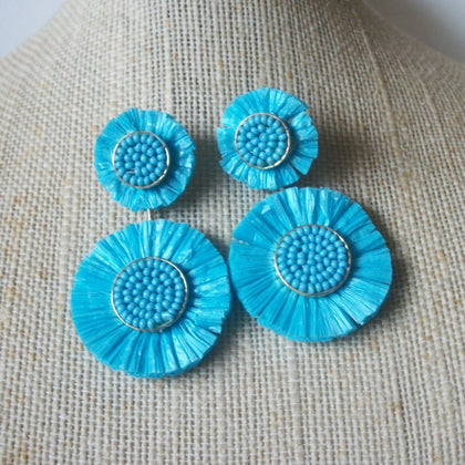 Long Retro Pierced Vivid Blue Dyed Straw Gold Tone 10417