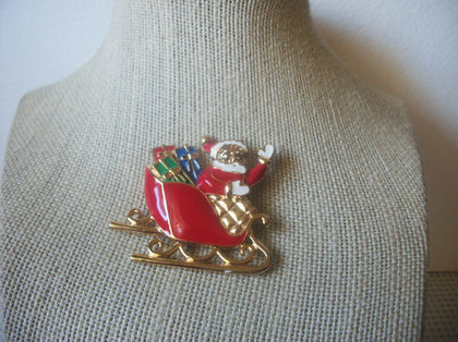 Vintage Jewelry Christmas Sled, Santa Colorful Presents, Enameled, Gold Tone  Brooch Pin 53018