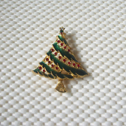 Vintage Brooch Pin, Christmas Tree Red Crystal Inlays Green Enameled Gold Tone 122220