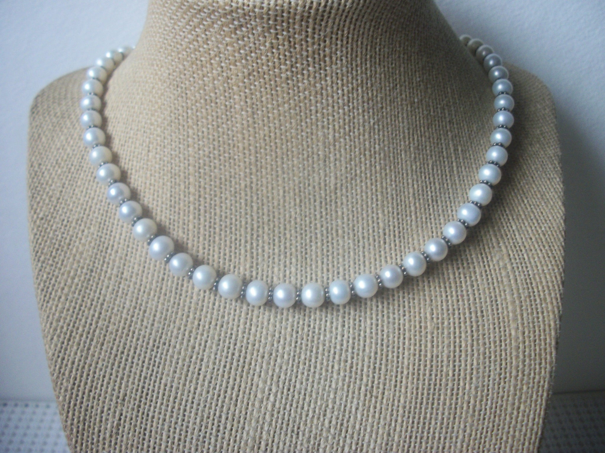 Vintage 15" Necklace White Glass Pearls Silver Tone Bali Spacers Toggle Bar 7817