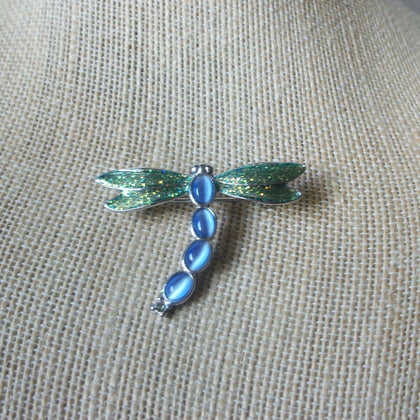 Vintage Brooch Pin, Beautiful Glittery Dragonfly Blue Crystal Glass Silver Tone, 122220