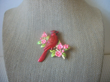 RARE Vintage Signed JJ Red Cardinal Bird Dogwood Branch Gold Tone Enameled 030221