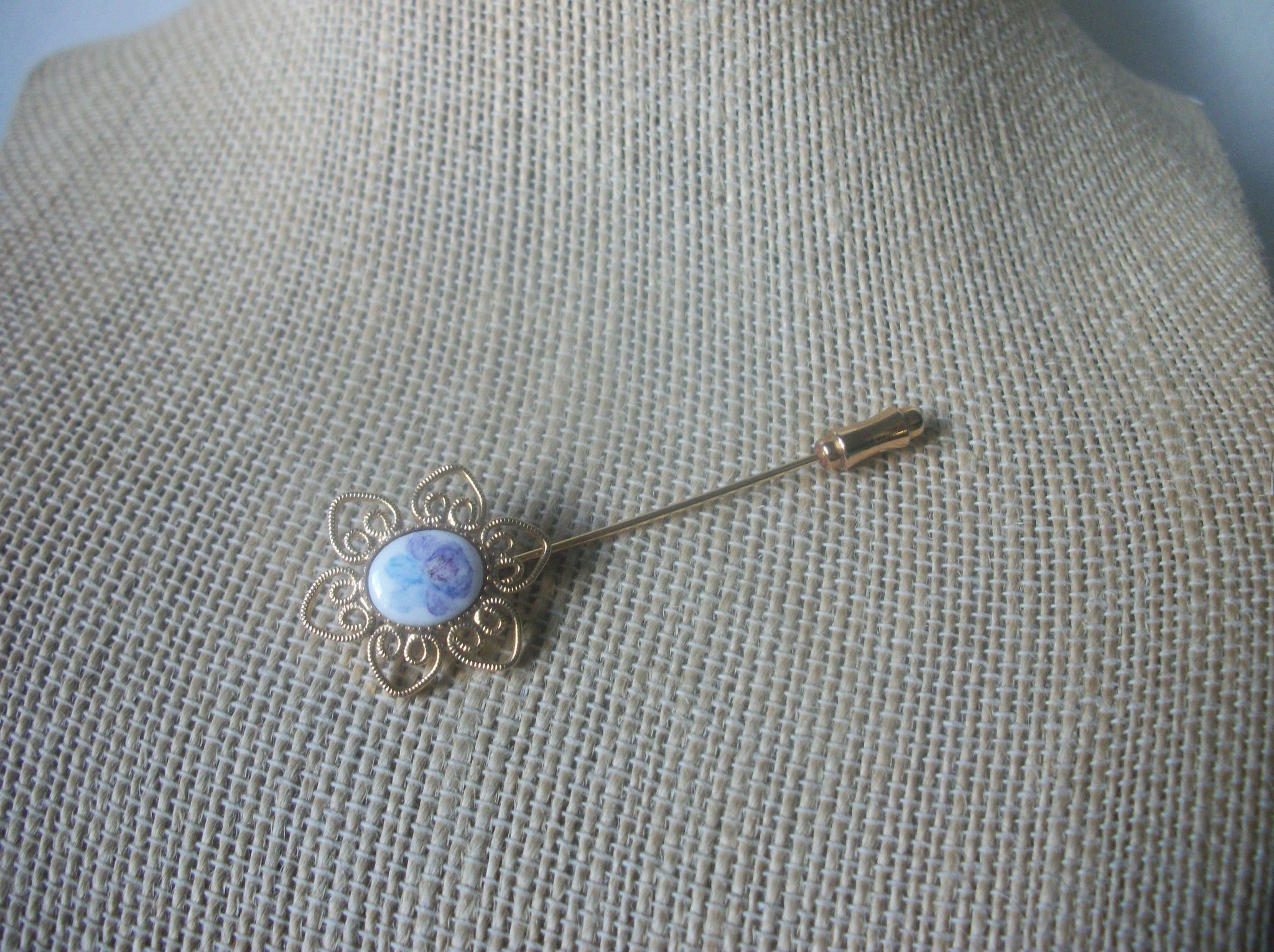 Vintage Hat Stick Pin Floral Limoge Glass Gold Tone 121516