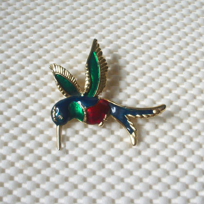 Larger Vintage Brooch Pin, Flying Hummingbird Colorful Enameled Gold Tone, 122220