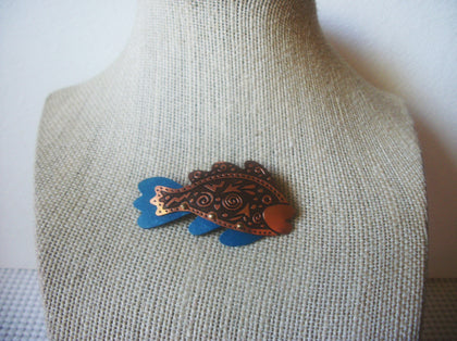 Vintage Jewelry, Copper, Tribal, Native Symbols, Dark Blue Patina Water, Symbol For Fish Water Food, Life Brooch Pin 51018
