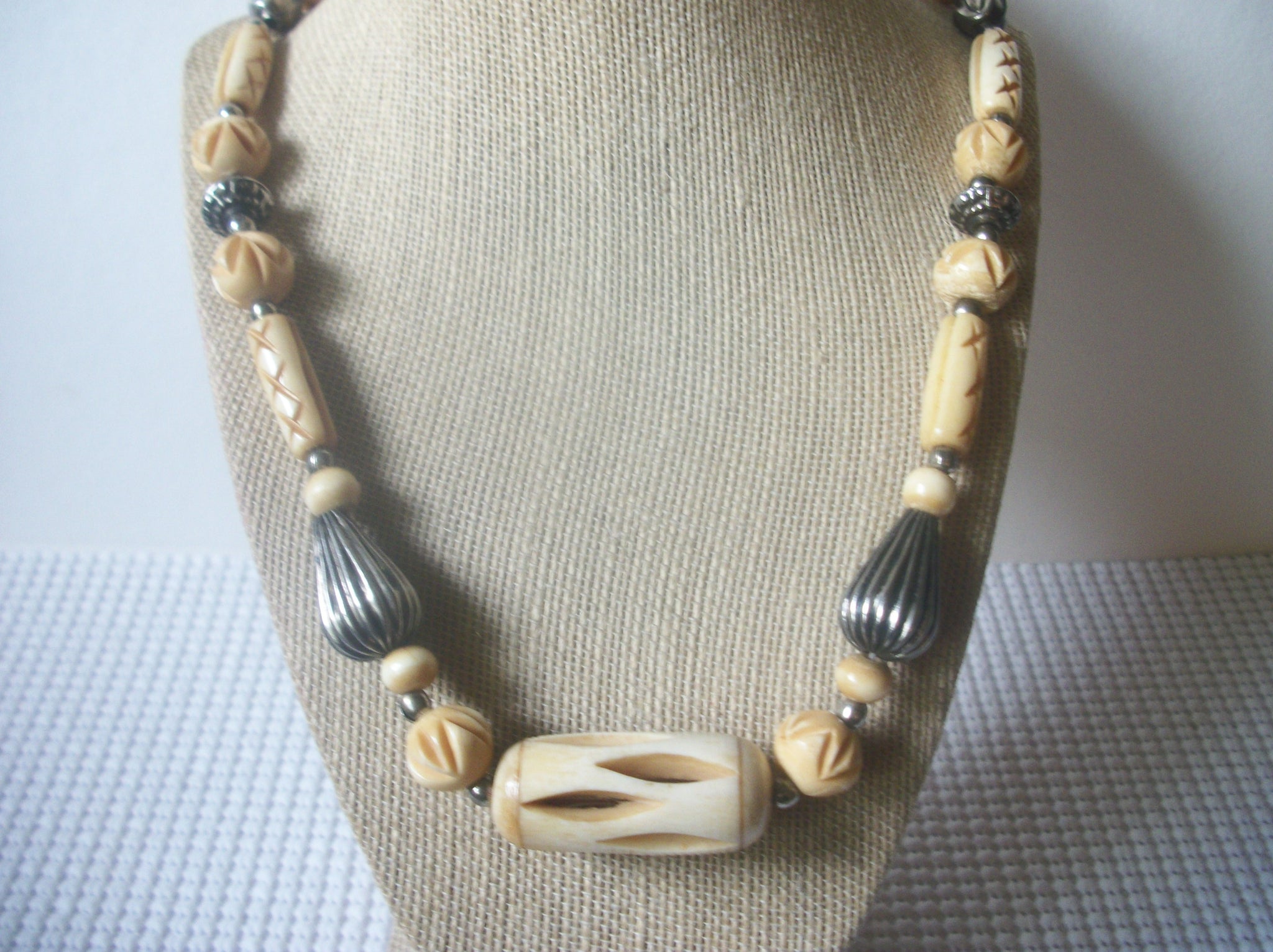 Vintage 1960s Tribal Carved Bone Distressed Silver Metal Beads 24" Long Necklace 112016