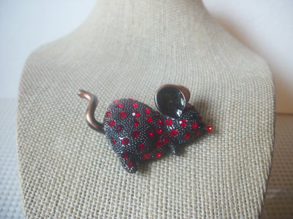 Blackened Copper Bronze, Marcasite Mouse Big Ears, Red Rubies Rhinestones, Vintage Brooch Pin 022421